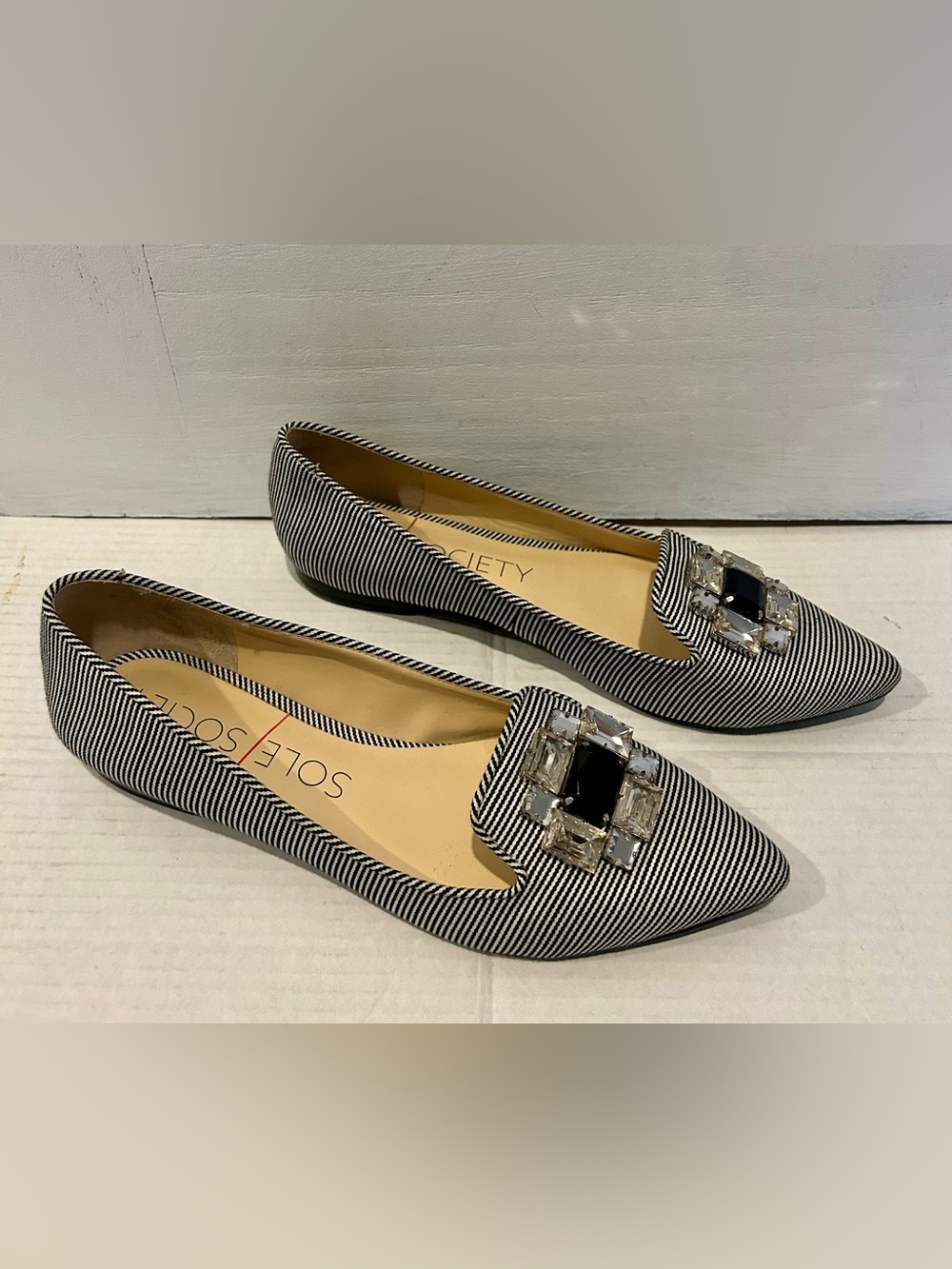 Sole Society Black & White Striped Pointed Flats with Jewel Buckle